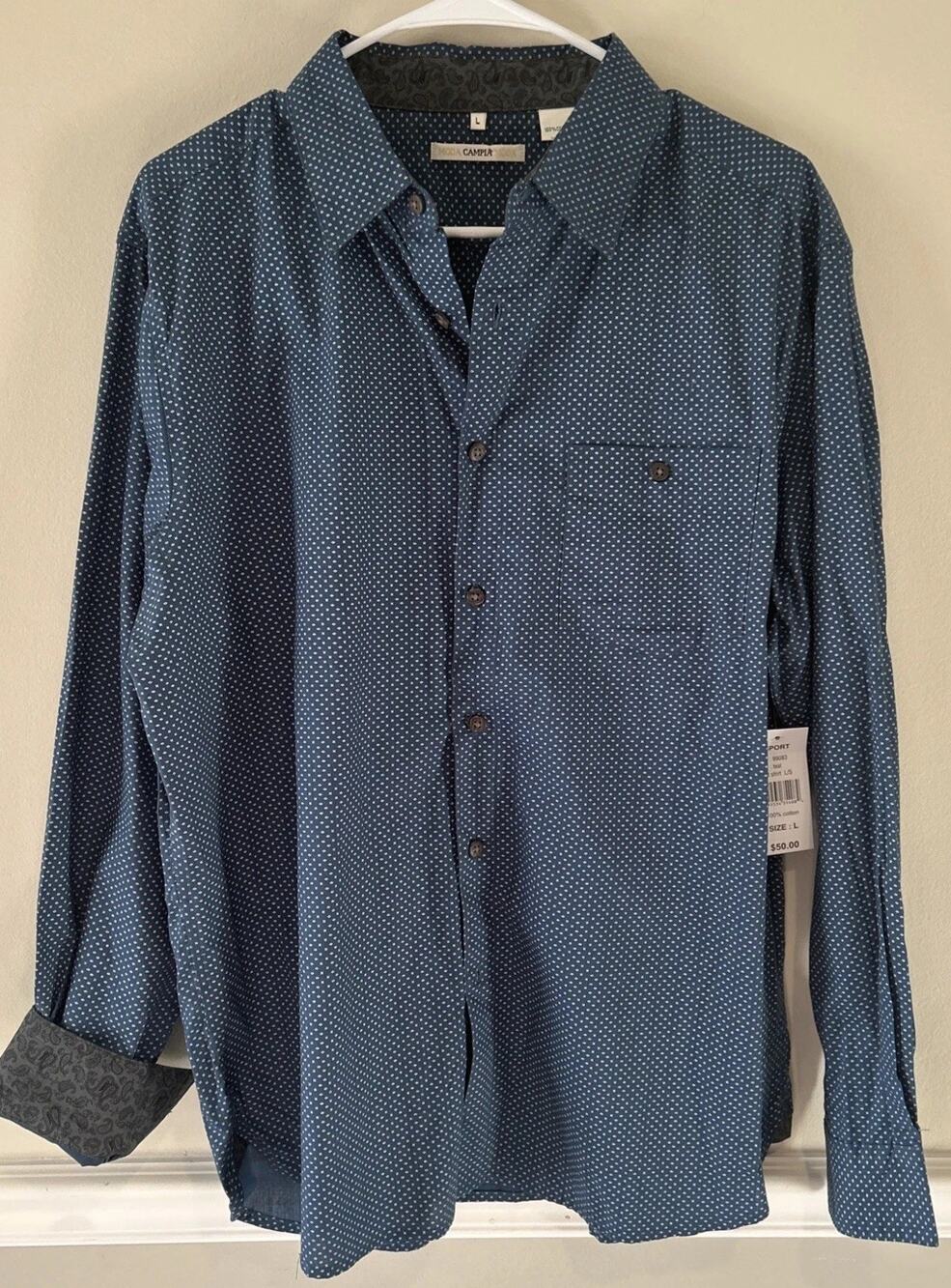 NEW Campia Moda Men's Dress Shirt Long Sleeve NWT Blue sport shirt Large